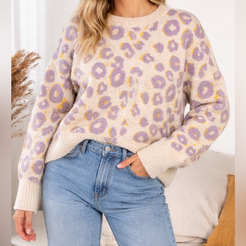 Primark Leopard Knit Sweater Lavender Cream Oversized XL
